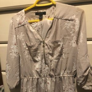 Long sleeve blouse with half zipper floral beige